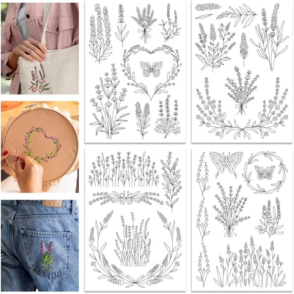 Embroidery Sheet - 4 листа, цветок лаванды, бабочка, водорастворимый