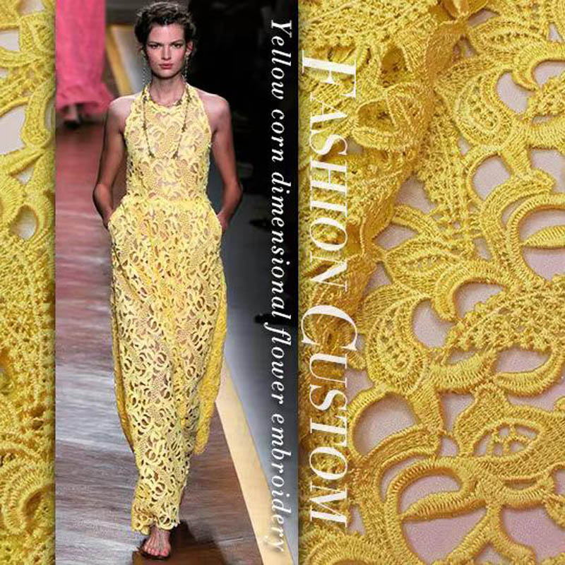Embroidery Yellow Dress - Высококачественная кружевная ткань, желтая стерео вышивка,