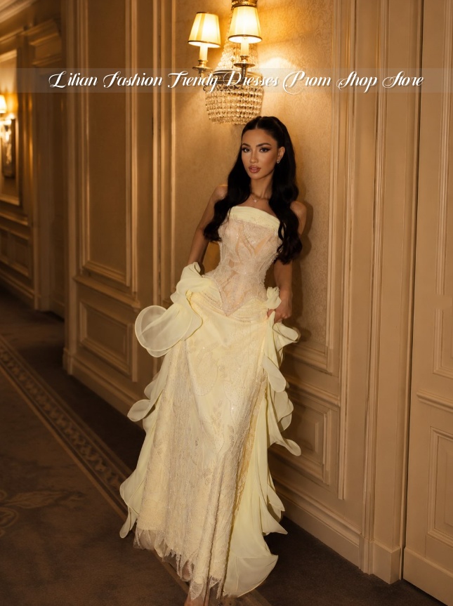 Embroidery Yellow Dress - Бледно-желтое вечернее платье без бретелек в