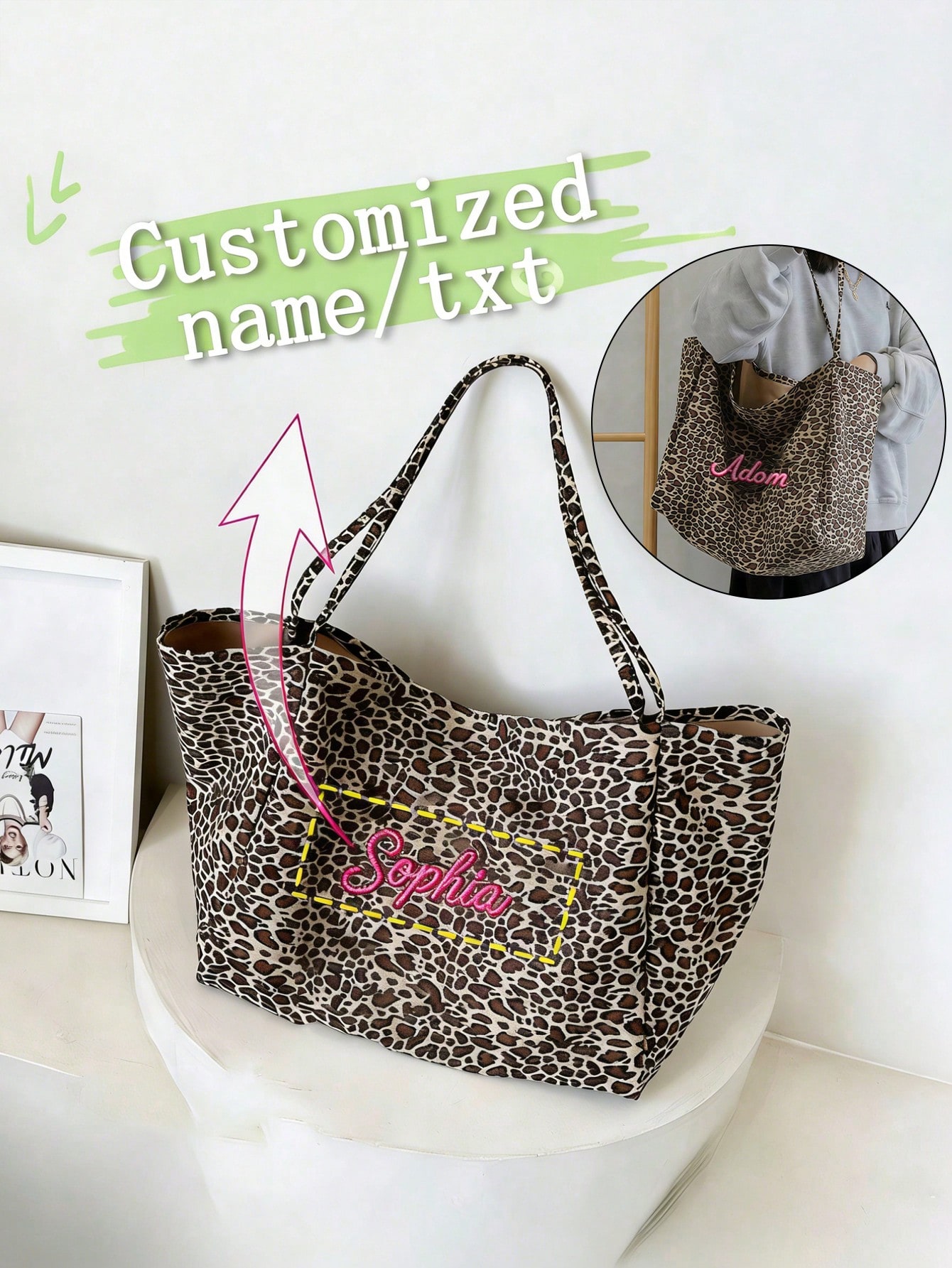 Embroidery Names - Женская сумка-тоут с леопардовым принтом и