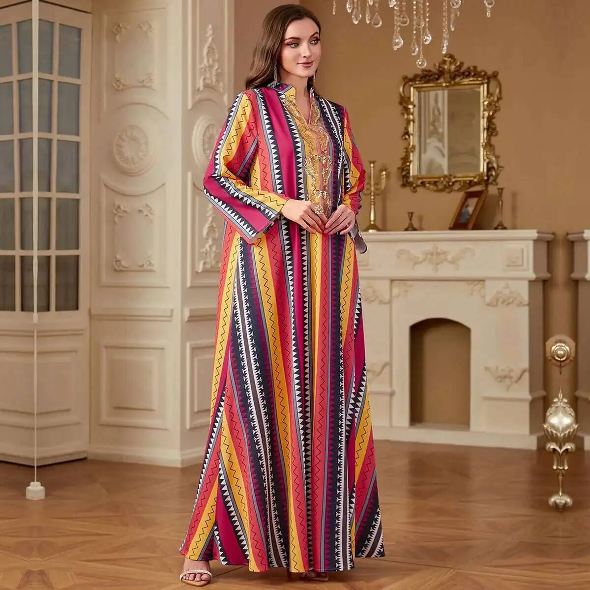 4264 Дубайская мусульманская а – обзор и цена Embroidery Yellow Dress